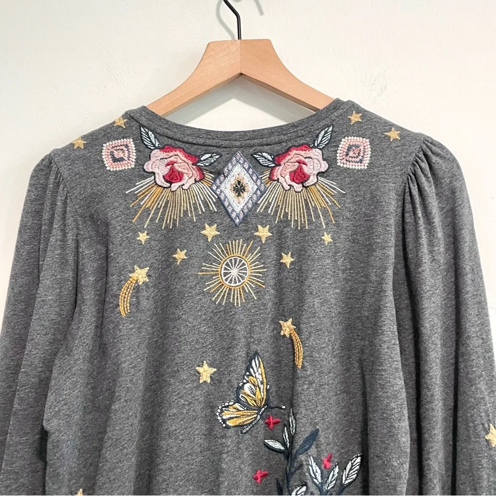 Johnny Was Selah Cuffed Puff Long Sleeve Embroidered Floral Celestial Bird Top